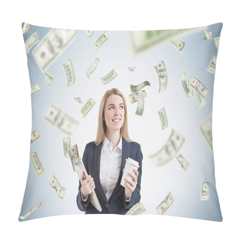 Personality  Blond Woman With Coffee And Notebook Under Dollar Rain Pillow Covers