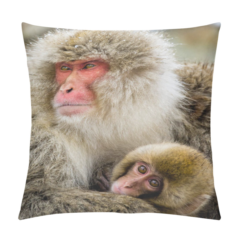 Personality  Mother With Baby Japanese Macaques. Pillow Covers