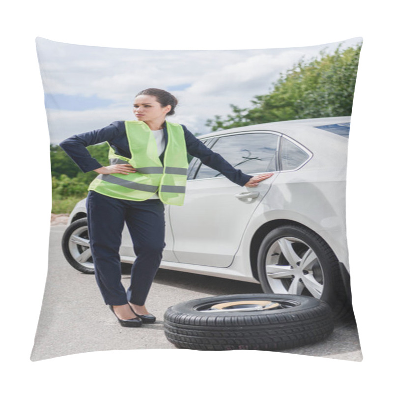 Personality  Attractive Businesswoman In Light Green Vest Standing On Road Near Broken Car Pillow Covers