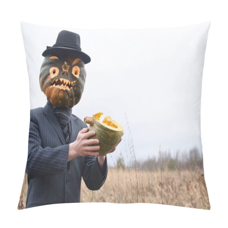 Personality  Man In A Fancy Dress Is Celebrating Halloween And Showing A Cut Up Ripe Pumpkin Pillow Covers