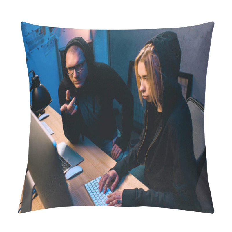 Personality  Confident Couple Of Hackers Working On Malware Together Pillow Covers