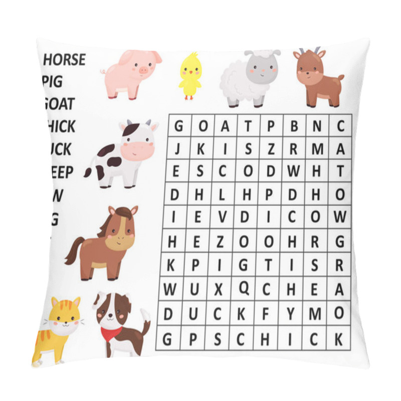 Personality  Word Search Game. Kawaii Cartoon Farm Animals. Learn English Words. Pillow Covers