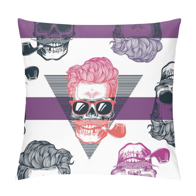 Personality  Seamless Pattern In Pop Art Style With Skeleton Heads Wearing Cool Sunglasses, Hairstyle, Mustache And Smoking Tobacco Pipes Against Triangle And Purple Stripes On Background. Vector Illustration. Pillow Covers