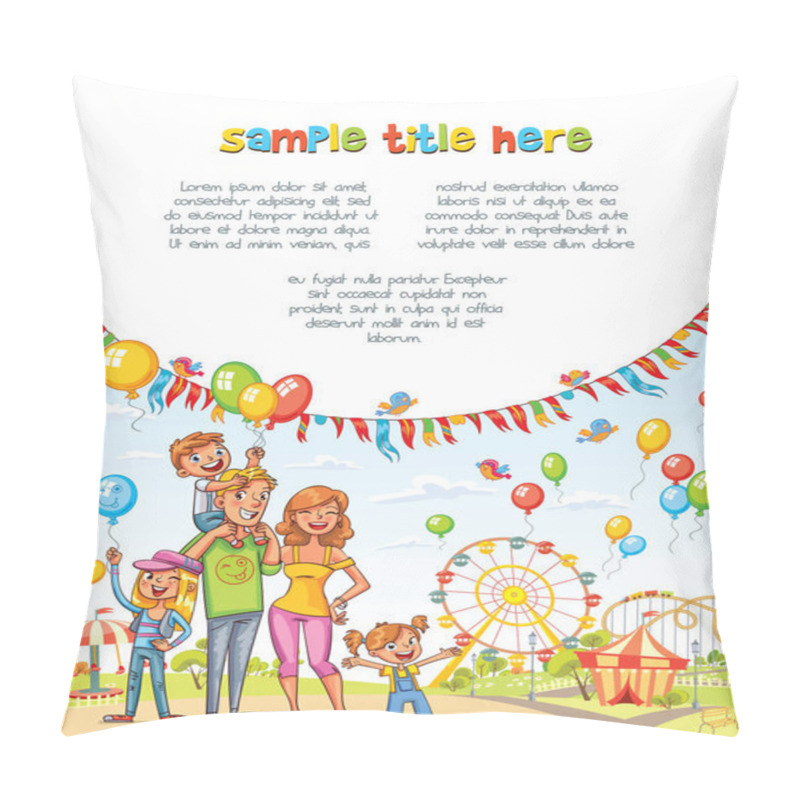 Personality  Happy Family In The Amusement Park. Advertising Brochure Pillow Covers