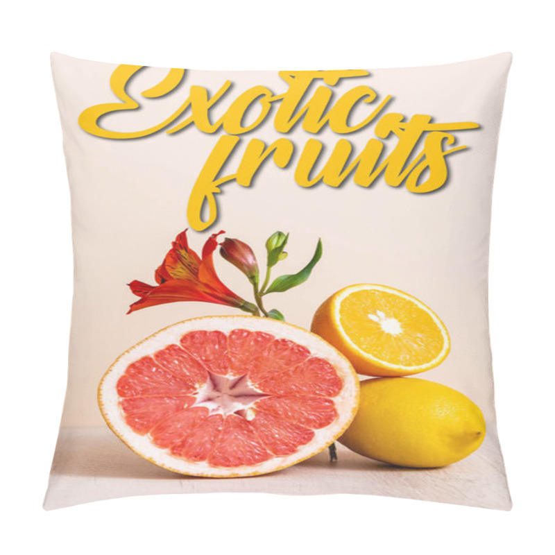 Personality  Floral And Fruit Composition With Red Alstroemeria And Citrus Fruits Near Exotic Fruits Lettering On Beige Pillow Covers