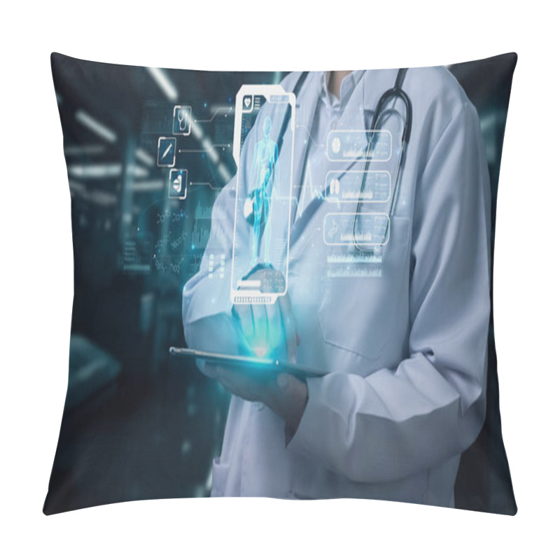 Personality  Close Up Of Doctor Holding Tablet With Examination Result Hologram Floating At Laboratory. Medical Worker Using Technology Innovation To Analyze Human Anatomy. HUD Dashboard Whole Body. Remedial. Pillow Covers