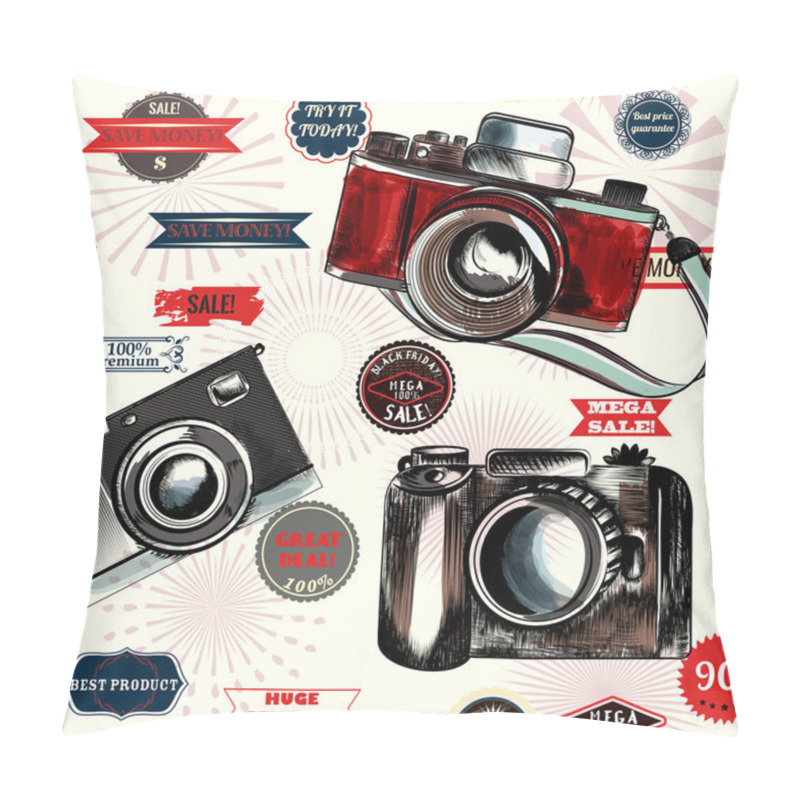 Personality  Seamless Background With Labels And Hand Drawn Cameras Pillow Covers