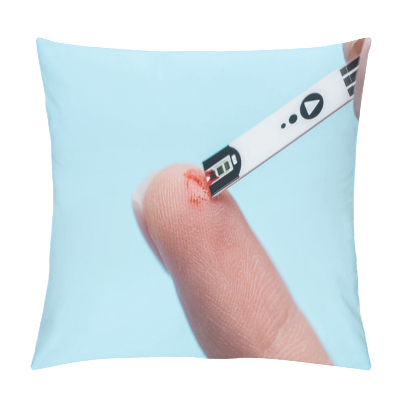 Personality  Close Up Of Fingers And Diabetes Test Strip Isolated On Blue Background Pillow Covers