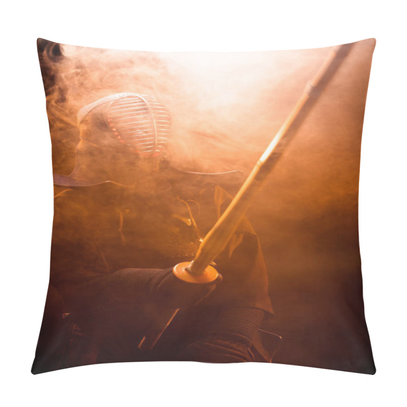 Personality  Kendo Fighter In Armor Holding Bamboo Sword In Smoke Pillow Covers