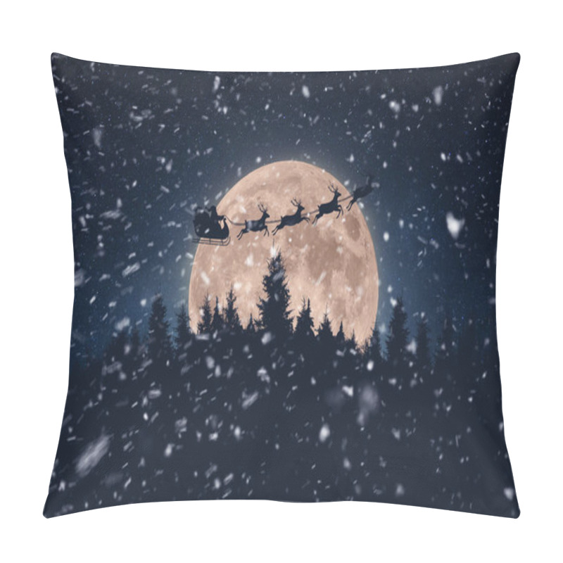 Personality  Santa Claus In A Sleigh With Reindeer Flies Over Snowy Forest In The Night Starry Sky With An Amazing Big Moon With Snow. Magic And Happy New Year 2025, Concept. Night Forest With Full Moon Pillow Covers