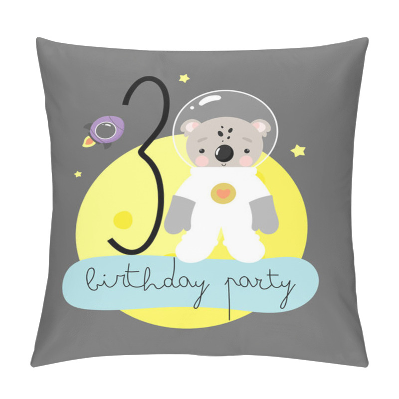 Personality  Birthday Party, Greeting Card, Party Invitation. Kids Illustration With Cute Cosmonaut Koala And An Inscription Three. Vector Illustration In Cartoon Style. Pillow Covers