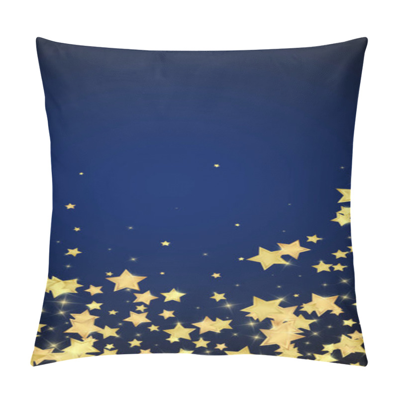 Personality  Magic Stars Vector Overlay.  Gold Stars Scattered Around Randomly, Falling Down, Floating.  Chaotic Dreamy Childish Overlay Template. On Dark Blue Background. Pillow Covers