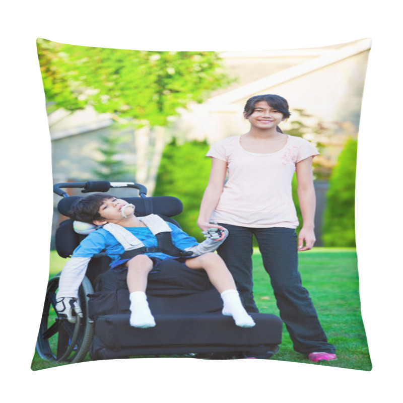 Personality  Disabled Little Boy In Wheelchair With Sister On Grassy Lawn Out Pillow Covers