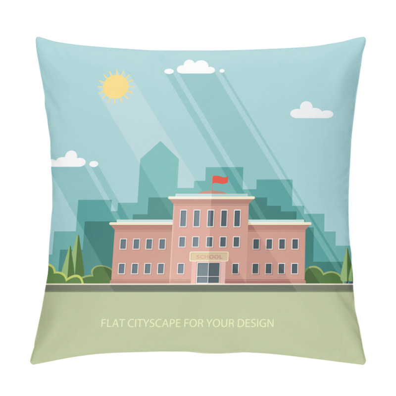 Personality  Welcome Back To School. Building On The Background Of The City.  Pillow Covers