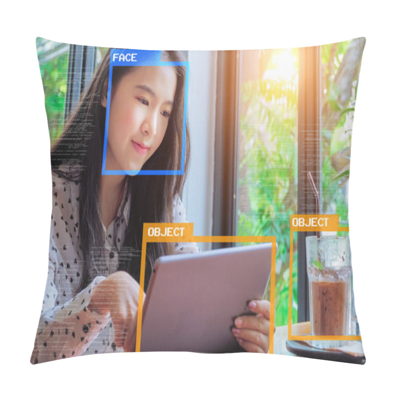 Personality  Machine Learning Analytics Identify Person And Object Technology , Artificial Intelligence Concept. Software UI Analytics And Recognition People And Object. Pillow Covers