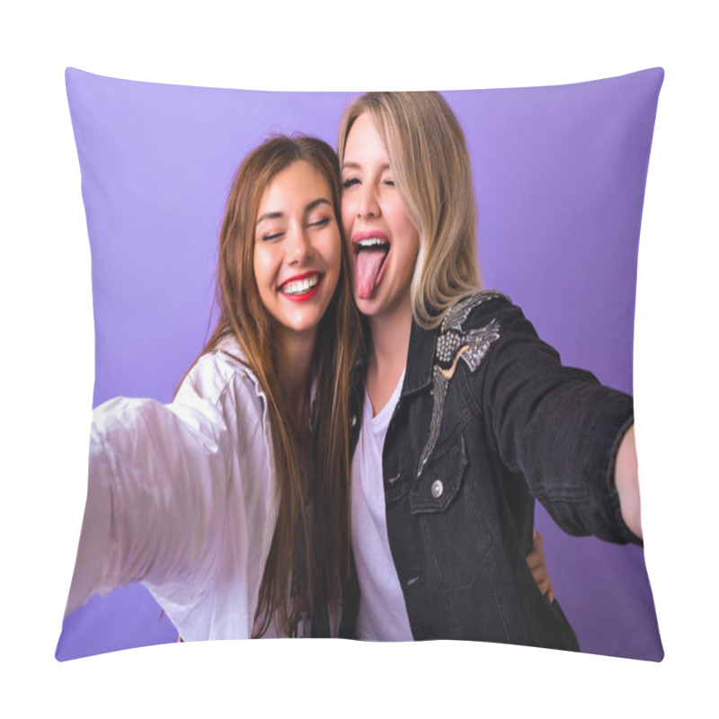 Personality   Fashion Lifestyle Portrait Of Two Young Hipster Girls Best Friends Taking Selfie  Pillow Covers