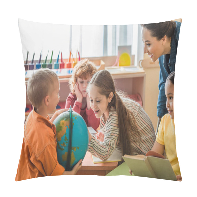 Personality  Amazed Girl Looking At Globe Near Interracial Friends And Teacher Pillow Covers