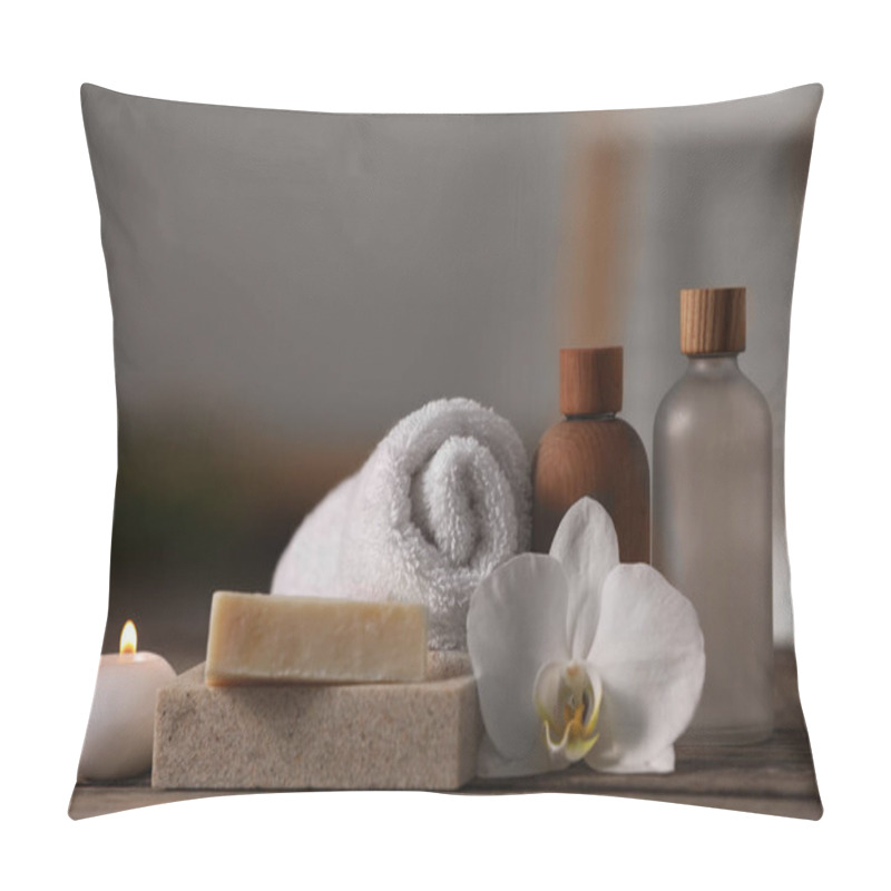 Personality  Composition With Spa Products, Flower And Burning Candle On Wooden Table Indoors Pillow Covers