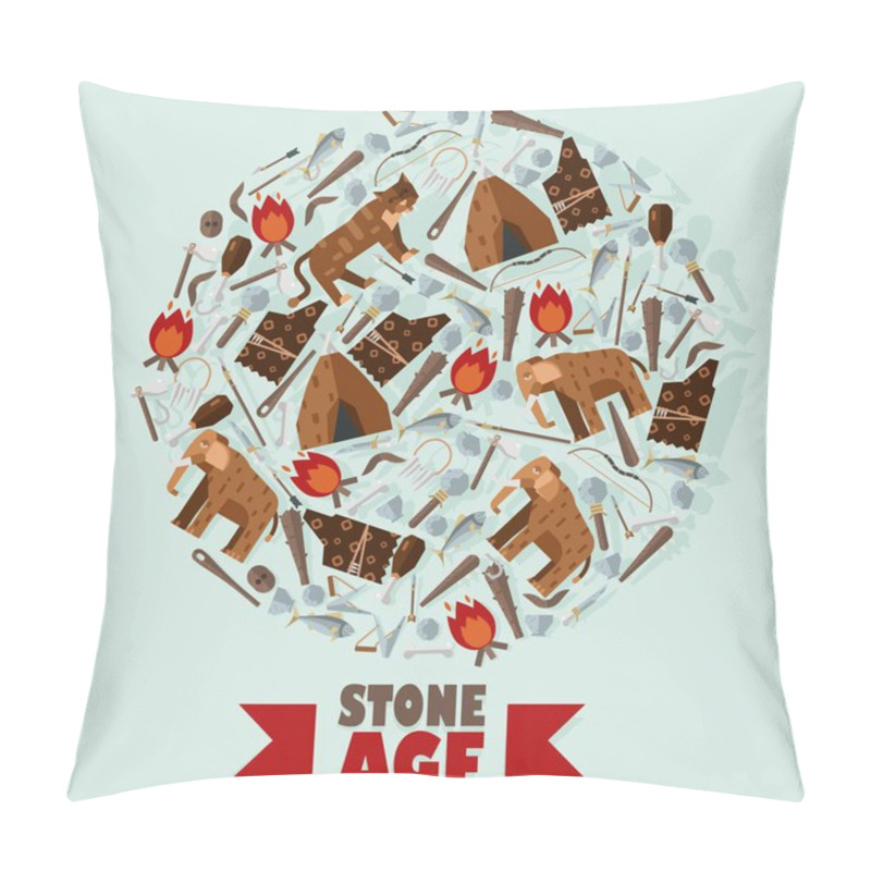 Personality  Stone Age Icons In Round Frame Composition, Vector Illustration. Book Cover With Symbols Of Ice Age, Neolithic Era. Mammoth, Saber-toothed Lion, Tent, Bonfire And Primitive Tools Pillow Covers