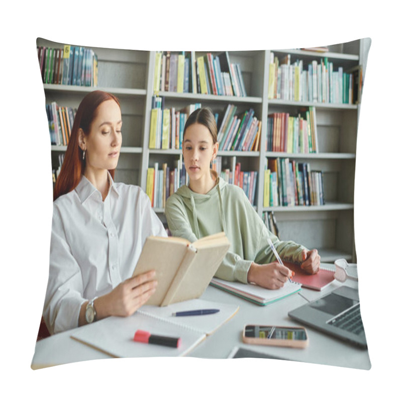 Personality  A Tutor With Red Hair Is Teaching A Teenage Girl At A Table In The Library, Using A Laptop For Modern Educational Purposes. Pillow Covers