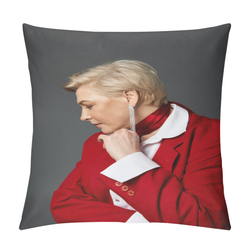 Personality  A Stylish Woman In Red And White Poses Gracefully, Flaunting Her Confident Profile. Pillow Covers