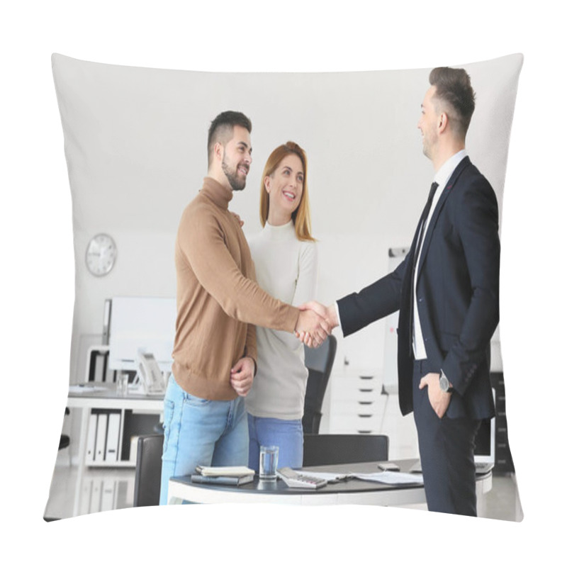 Personality  Bank Manager And Clients Shaking Hands In Office Pillow Covers