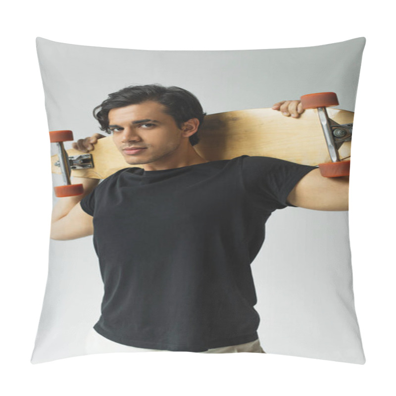 Personality  Young Man In Black T-shirt Holding Longboard And Looking At Camera Isolated On Grey Pillow Covers