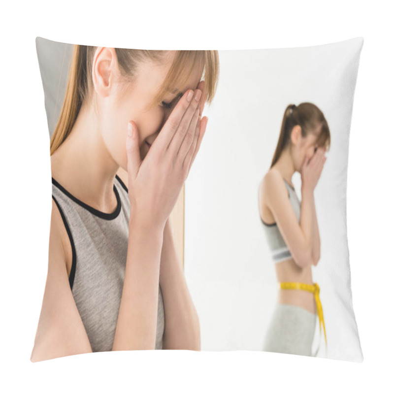 Personality  Crying Woman In Front Of Mirror With Measuring Tape On Waist Isolated On White Pillow Covers