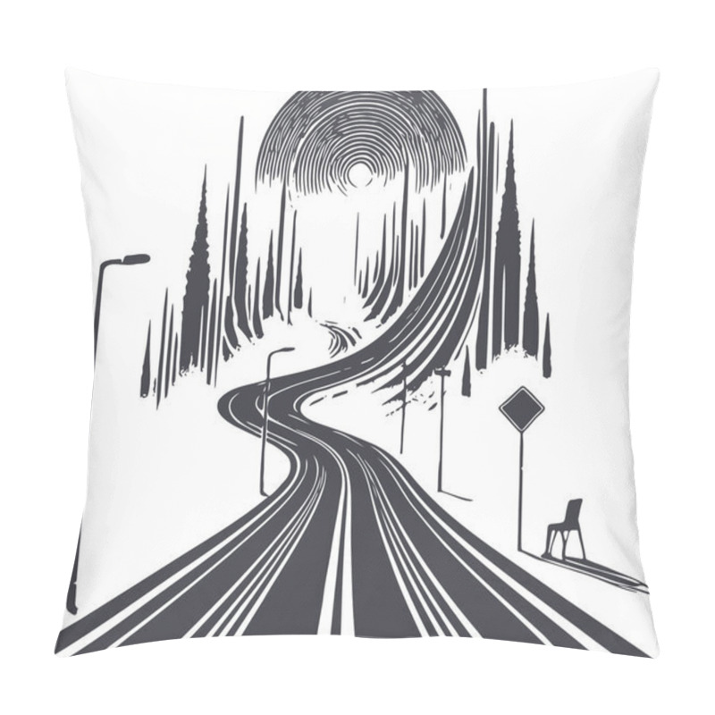 Personality  Surreal Road Leading To Abstract Forest With Circular Sky In Monochrome Art Style Pillow Covers