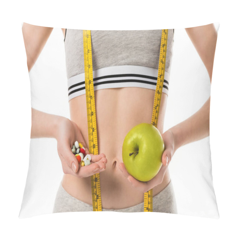 Personality  Cropped Shot Of Slim Woman Holding Fresh Apple And Pills Isolated On White Pillow Covers