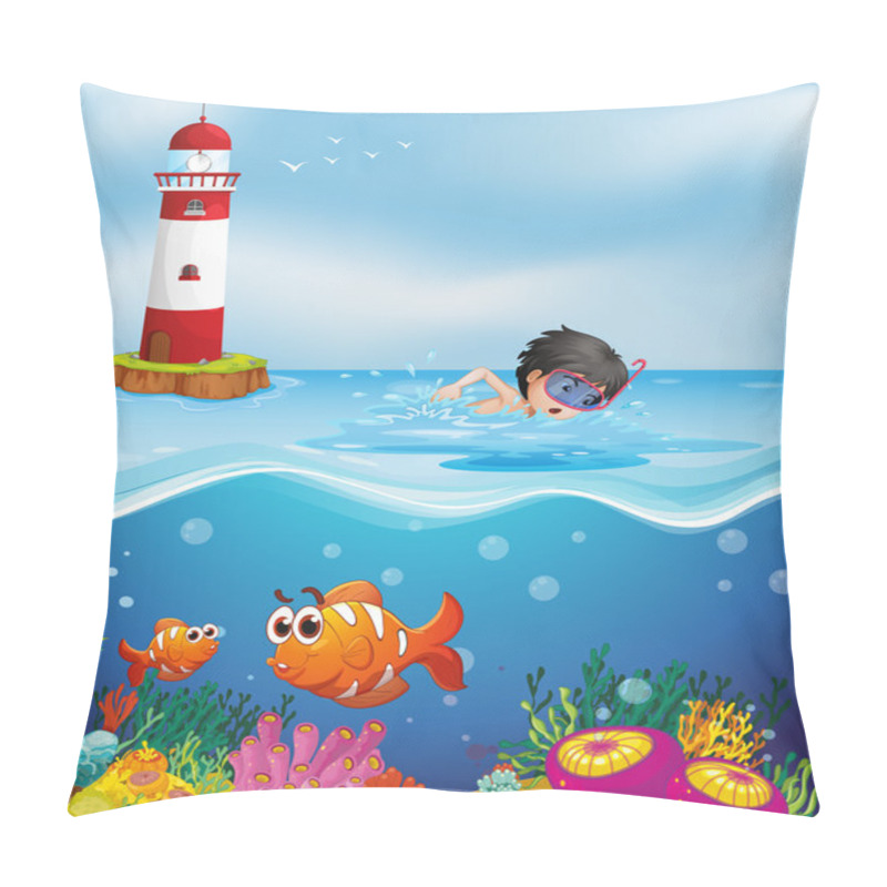 Personality  A Boy Swimming At The Beach Near The Lighthouse Pillow Covers