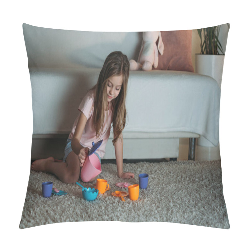 Personality  Little Kid Pretending Ti Have Tea Party While Sitting On Floor At Home Pillow Covers