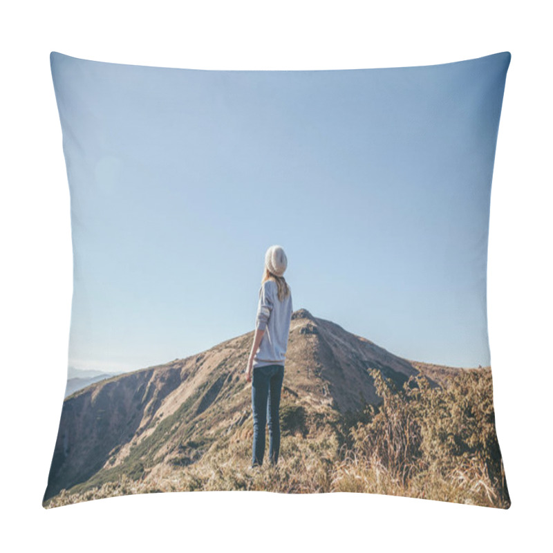 Personality  Rear View Of Woman Looking At Mountains On Sunny Day, Carpathians, Ukraine Pillow Covers