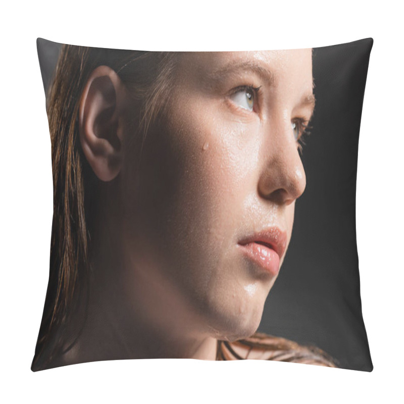 Personality  Close Up View Of Fair Haired Woman With Water On Face Looking Away On Grey Background  Pillow Covers