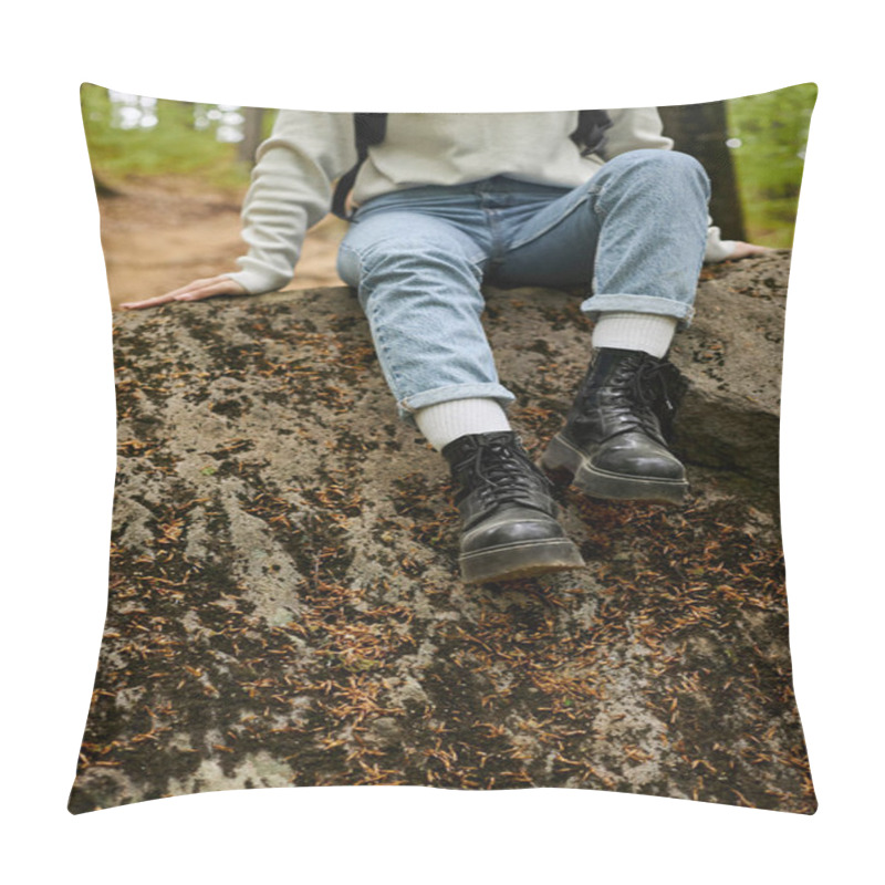 Personality  Cropped Image Of Female Hiker Legs Wearing Jeans And Hiking Boots Sitting On Rock In Forest Pillow Covers