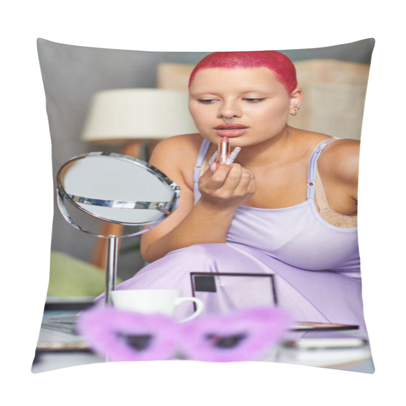 Personality  In A Tranquil Living Space, A Young Woman Enhances Her Look, Focused On Her Makeup Routine. Pillow Covers