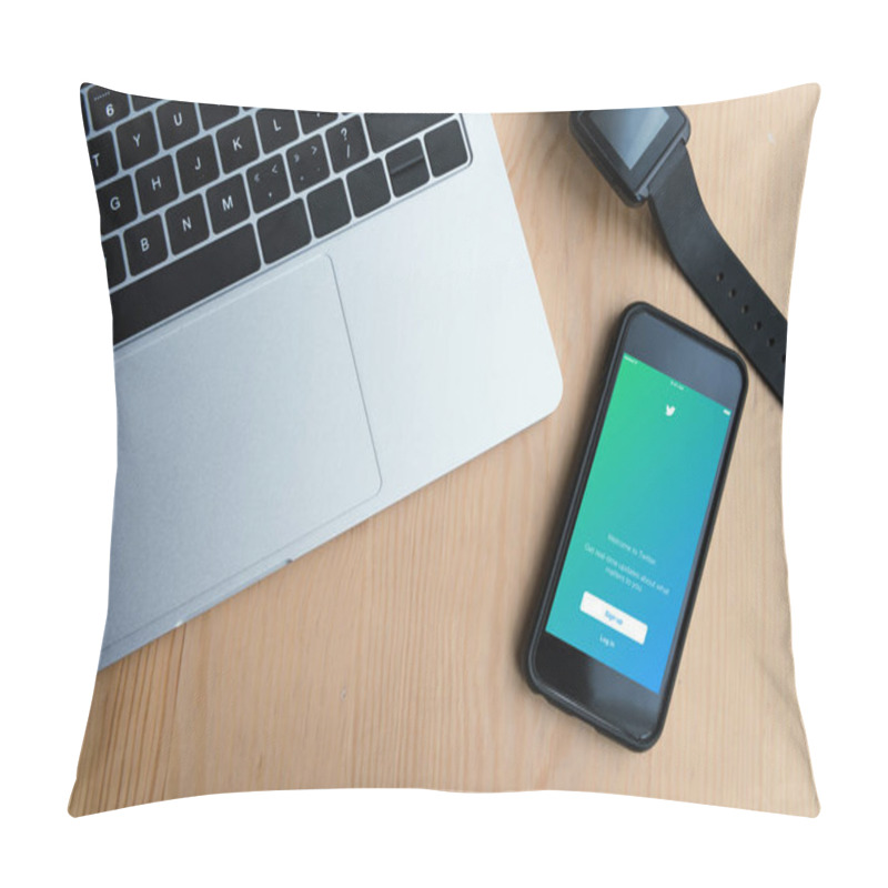 Personality  Top View Of Laptop, Smartwatch And Smartphone With Twitter App On Screen Pillow Covers