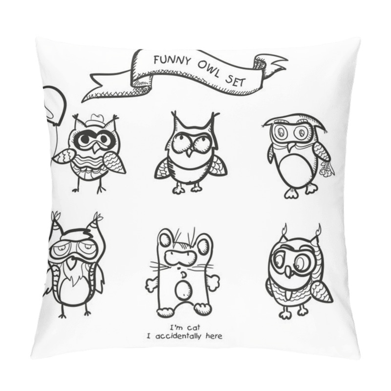 Personality  Funny Owls Simple Hand Drawn Cartoon Vector Set Pillow Covers