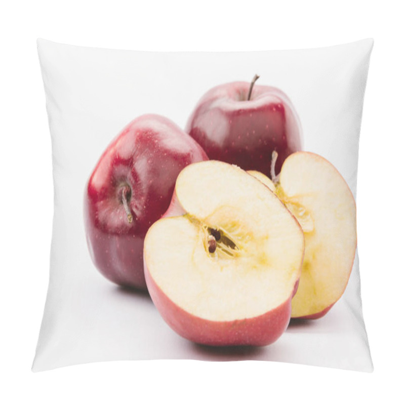 Personality  Halved And Whole Tasty Red Apples On White Background Pillow Covers