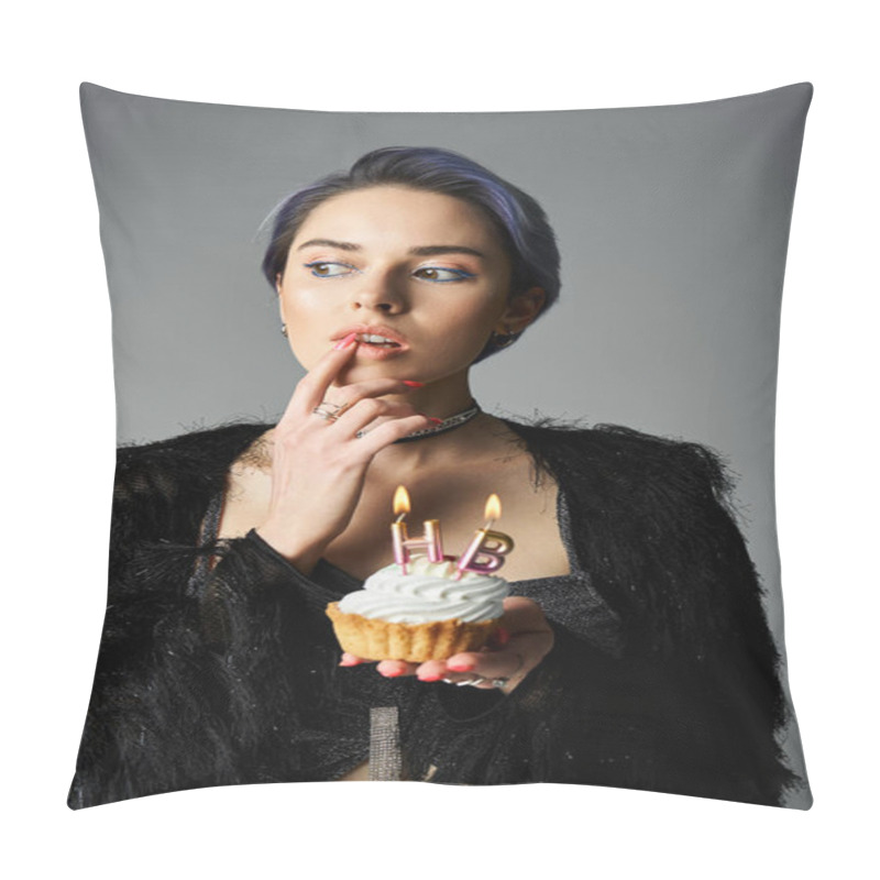 Personality  A Young Woman In Stylish Attire Holds A Cupcake With Lit Candles, A Birthday Girl Ready To Make A Wish. Pillow Covers