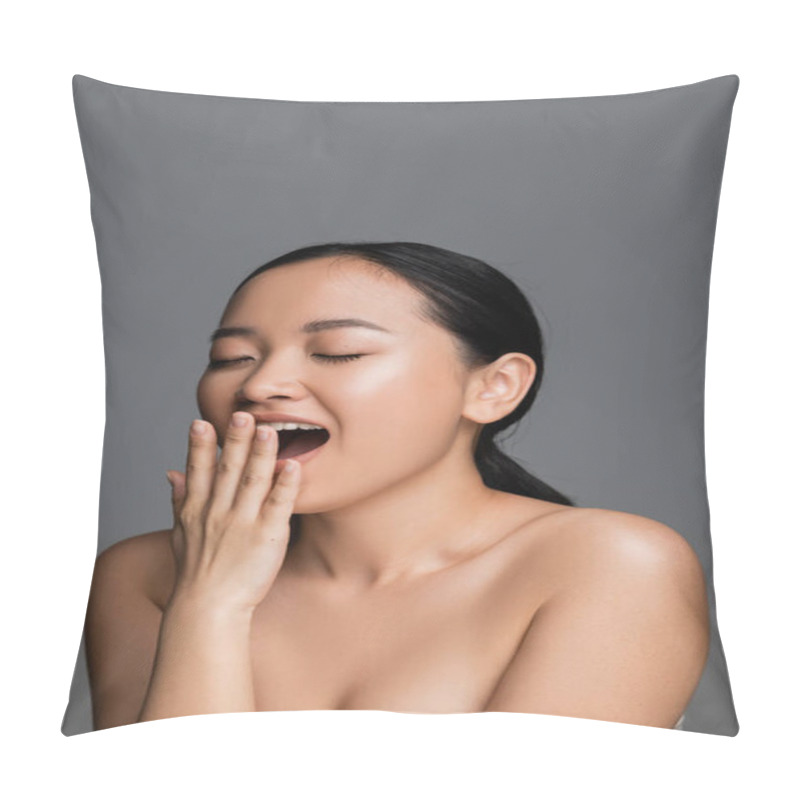 Personality  Young Asian Woman With Perfect Skin And Bare Shoulders Covering Mouth With Hand While Yawning With Closed Eyes Isolated On Grey Pillow Covers