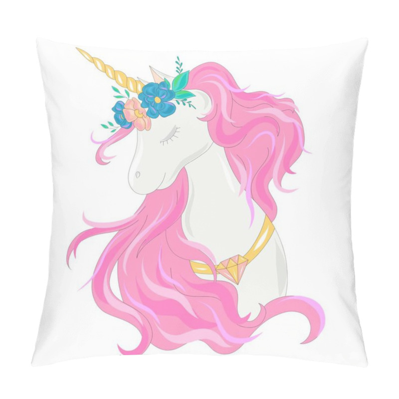 Personality  Pink Unicorn Head With Rainbow Mane And Yellow Horn. Cute Fantasy Unicorn, Fairytail For Baby. Vector Illustration On White Background Pillow Covers