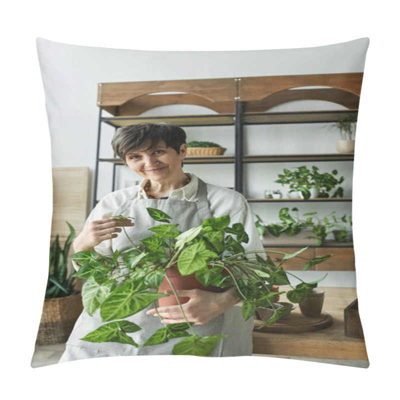 Personality  Woman Lovingly Tends To Her Plants In A Cozy, Light Filled Studio. Pillow Covers