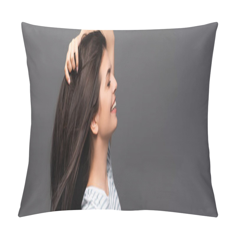 Personality  Side View Of Brunette Woman With Closed Eyes Smiling And Touching Hair Isolated On Black, Panoramic Shot Pillow Covers