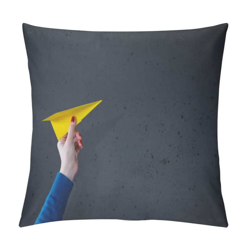 Personality  Travel Concept. Hipster Woman Or Wanderlust Girl Raise Up A Paper Plane Against The Wall, Dreaming Or Planing For The Next Vacation. Side View Pillow Covers