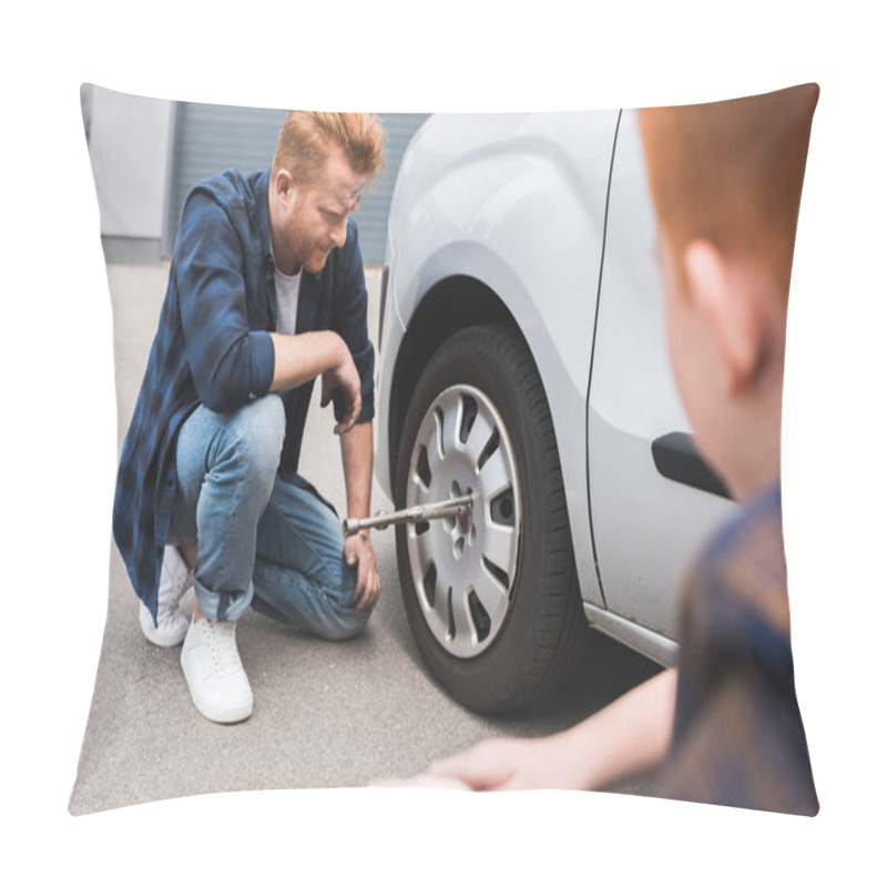 Personality  Father Changing Tire In Car With Wheel Wrench, Son Sitting Near Pillow Covers