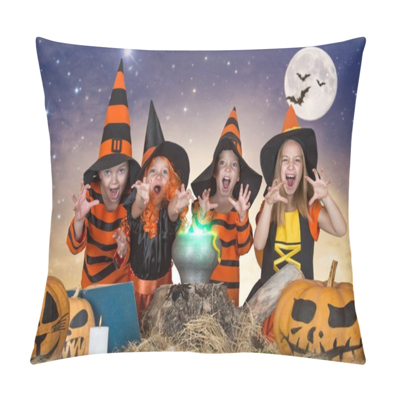 Personality  Halloween.The Children Of Witches And Wizards Cooking Potion In The Cauldron With Pumpkin And Spell Book. Pillow Covers