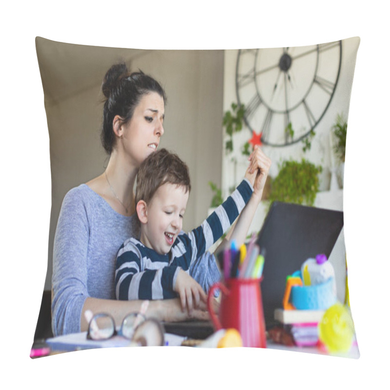 Personality  Playful Child Annoying His Mother While She Tries To Tele Work. Telecommuting Issues And Family Conciliation Concept. Pillow Covers