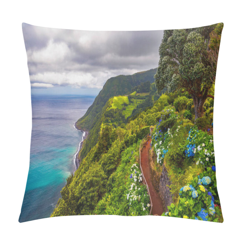 Personality  Viewpoint Ponta Do Sossego, Sao Miguel Island, Azores, Portugal. View Of Flowers On A Mountain And The Ocean In Miradouro Da Ponta Do Sossego Nordeste, Sao Miguel, Azores, Portugal.  Pillow Covers