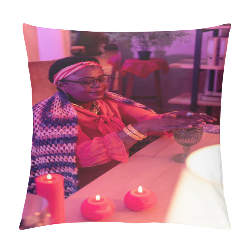 Personality  African American Plump Fortune-teller With A Golden Watch Looking Contented Pillow Covers